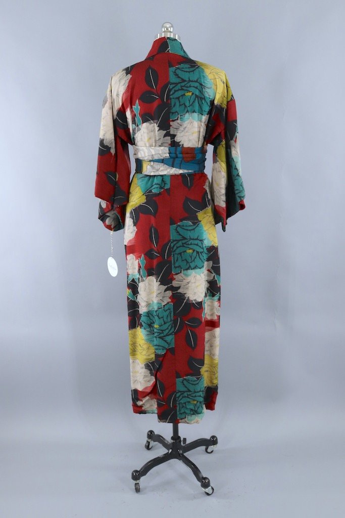 Vintage Red & Green Ikat Silk Kimono Robe-ThisBlueBird - Modern Vintage
