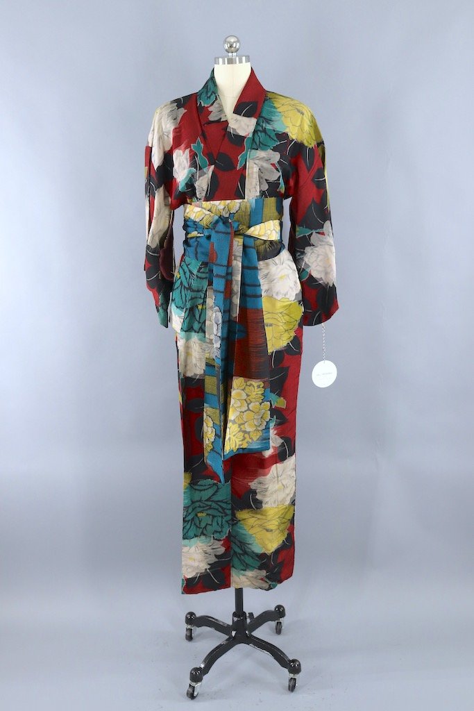 Vintage Red & Green Ikat Silk Kimono Robe-ThisBlueBird - Modern Vintage