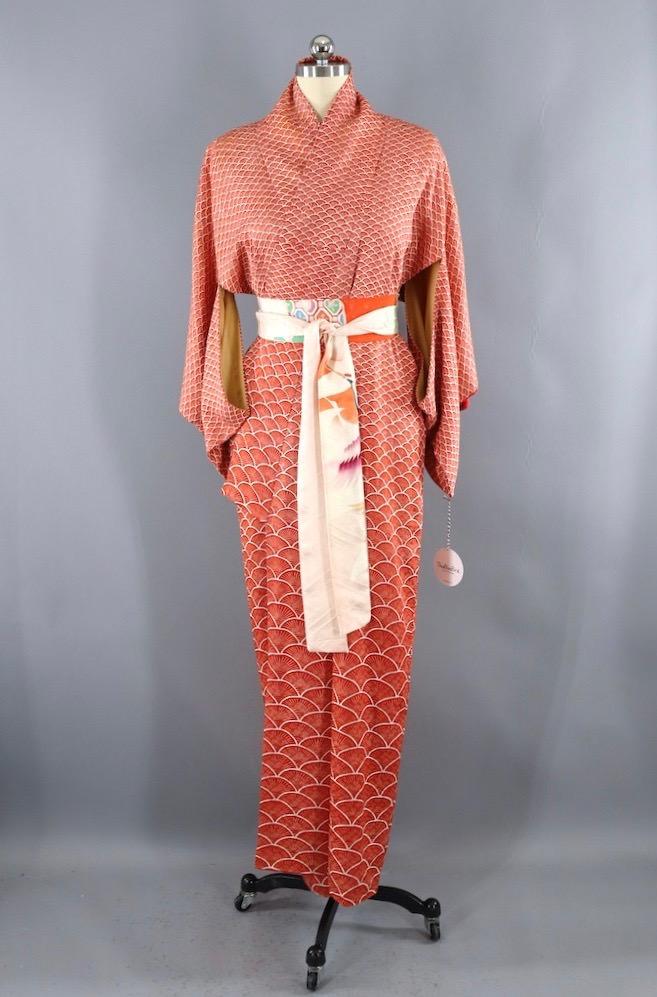 Vintage Red Seigaiha Silk Kimono Robe-ThisBlueBird - Modern Vintage