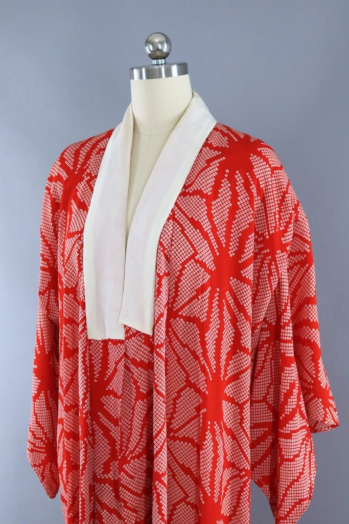 Vintage Red Shibori Star Print Silk Kimono Robe-ThisBlueBird - Modern Vintage