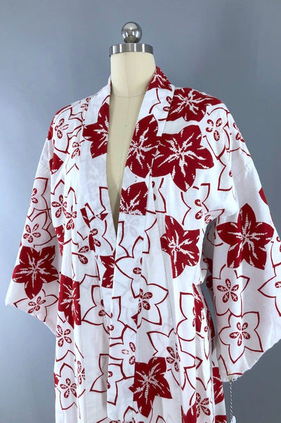 Vintage Red & White Cotton Yukata Kimono Robe-ThisBlueBird - Modern Vintage