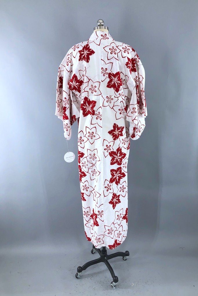 Vintage Red & White Cotton Yukata Kimono Robe-ThisBlueBird - Modern Vintage
