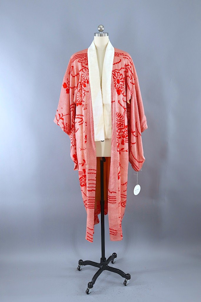 Vintage Red & White Shibori Print Kimono Robe-ThisBlueBird - Modern Vintage