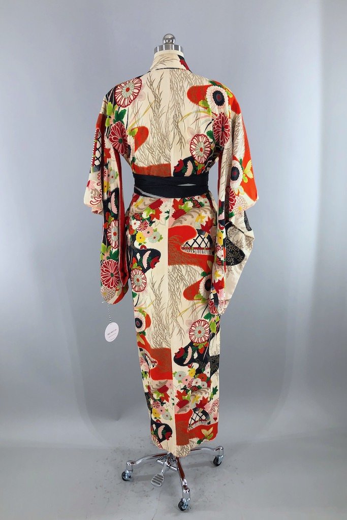 Vintage Red &amp; White Silk Kimono Robe-ThisBlueBird - Modern Vintage
