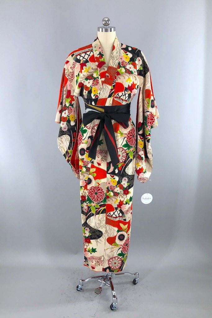 Vintage Red &amp; White Silk Kimono Robe-ThisBlueBird - Modern Vintage