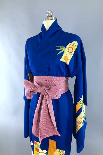 Vintage Royal Blue Bamboo Silk Kimono Robe-ThisBlueBird - Modern Vintage
