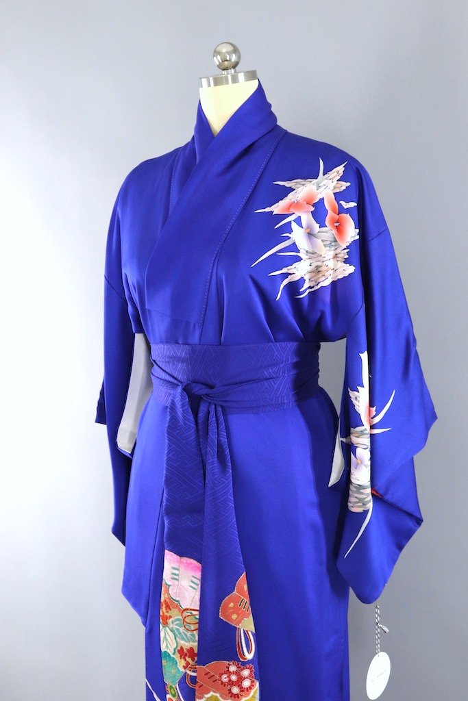 Vintage Royal Blue & Coral Floral Silk Kimono Robe-ThisBlueBird - Modern Vintage