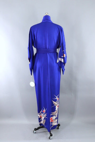 Vintage Royal Blue & Coral Floral Silk Kimono Robe-ThisBlueBird - Modern Vintage