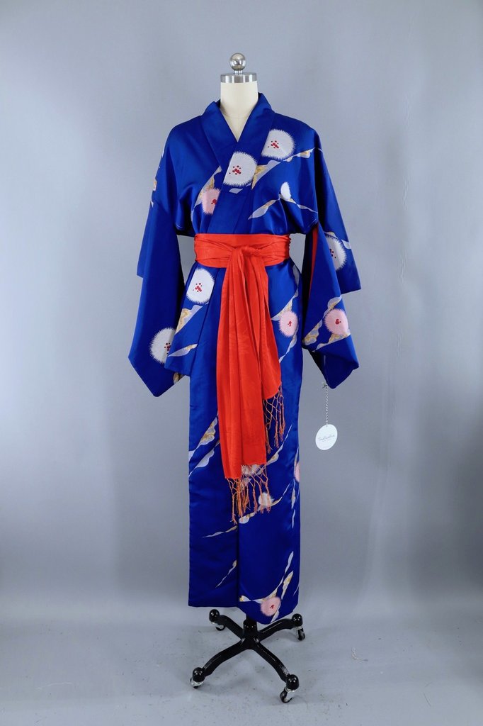 Vintage Royal Blue Metallic Silk Kimono-ThisBlueBird - Modern Vintage
