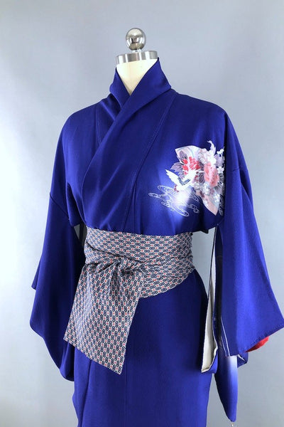 Vintage Royal Blue & Pink Cranes Kimono Robe-ThisBlueBird - Modern Vintage