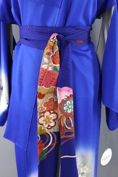 Vintage Royal Blue & Red Floral Silk Kimono Robe-ThisBlueBird - Modern Vintage