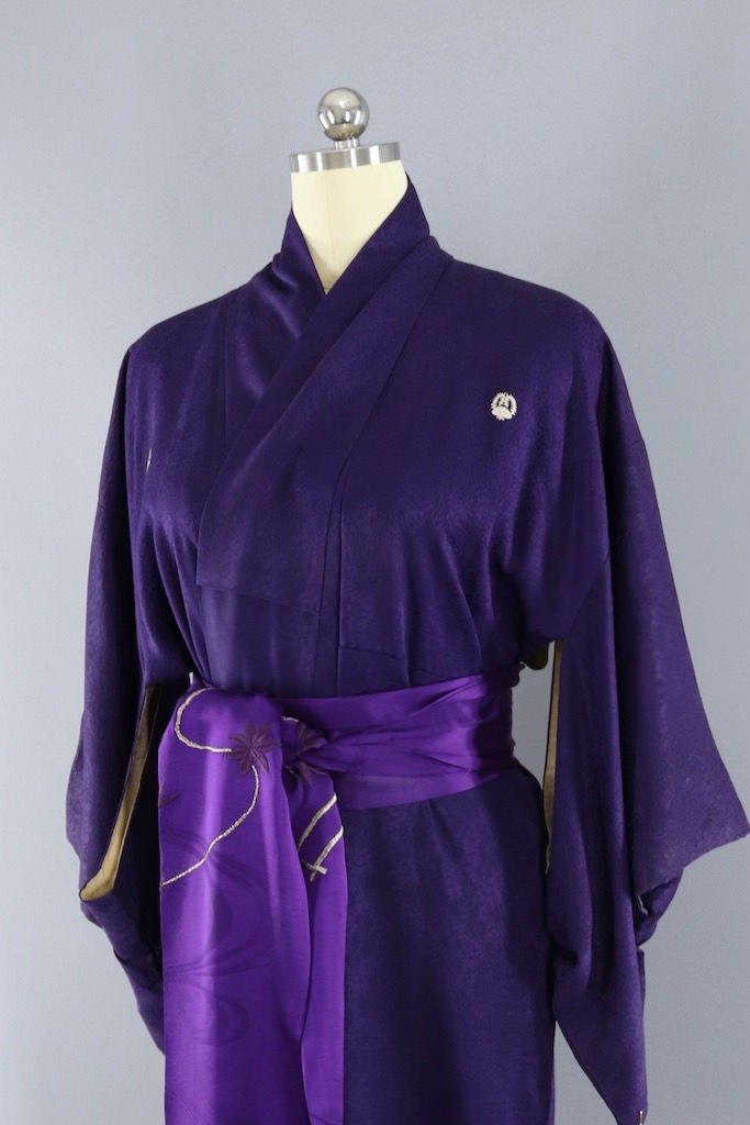 Vintage Royal Purple Silk Bamboo Print Kimono-ThisBlueBird - Modern Vintage