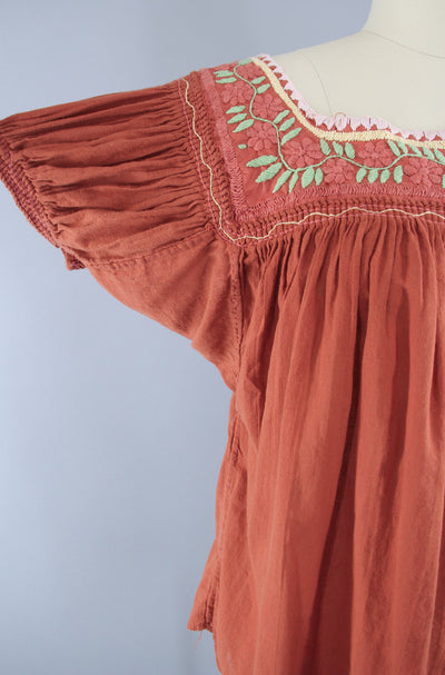Vintage Rust Orange Cotton Gauze Embroidered Blouse - ThisBlueBird