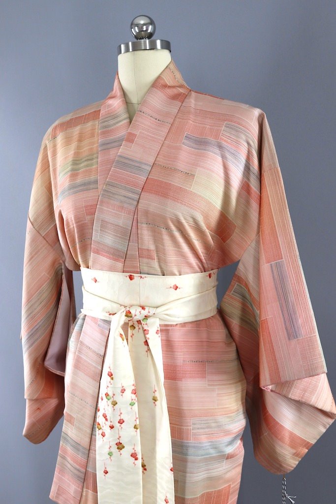 Vintage Salmon Pink Silk Kimono Robe-ThisBlueBird - Modern Vintage