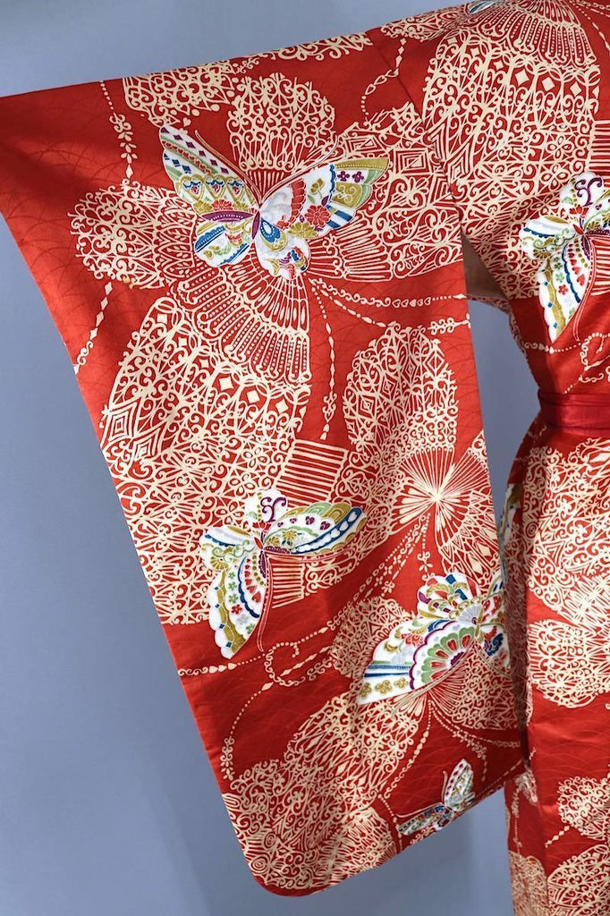 Vintage Short Kimono Robe / Red Orange Butterflies-ThisBlueBird - Modern Vintage