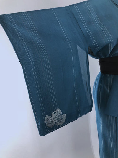 Vintage Silk Crepe Kimono Robe / Teal Blue Green with Silver & Gold Embroidery Leaves - ThisBlueBird