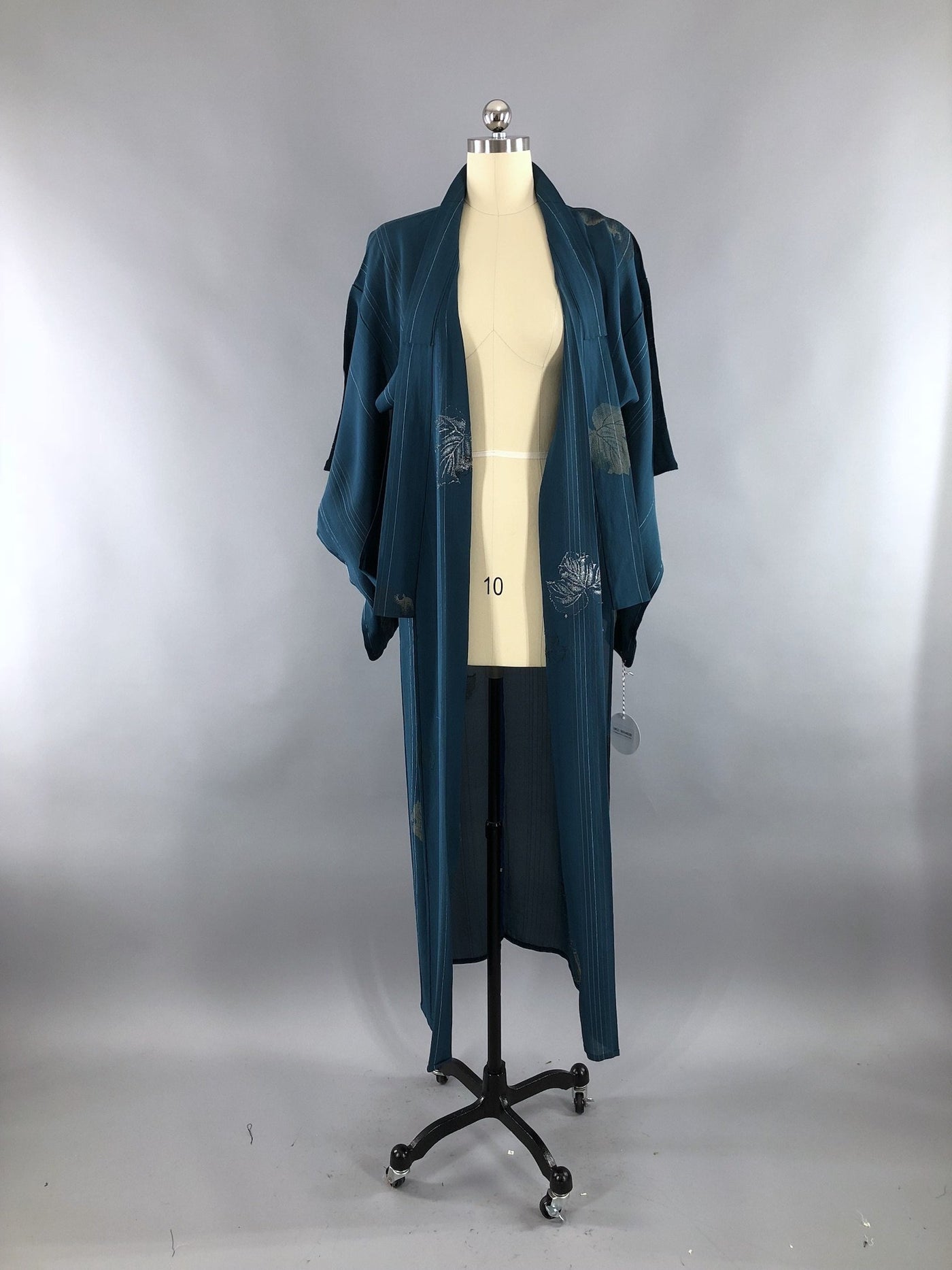 Vintage Silk Crepe Kimono Robe / Teal Blue Green with Silver & Gold Embroidery Leaves - ThisBlueBird