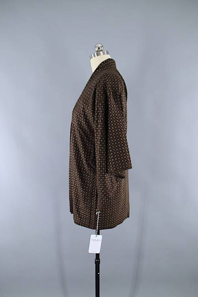 Vintage Silk Haori Kimono Jacket Cardigan / Dark Brown Ikat - ThisBlueBird