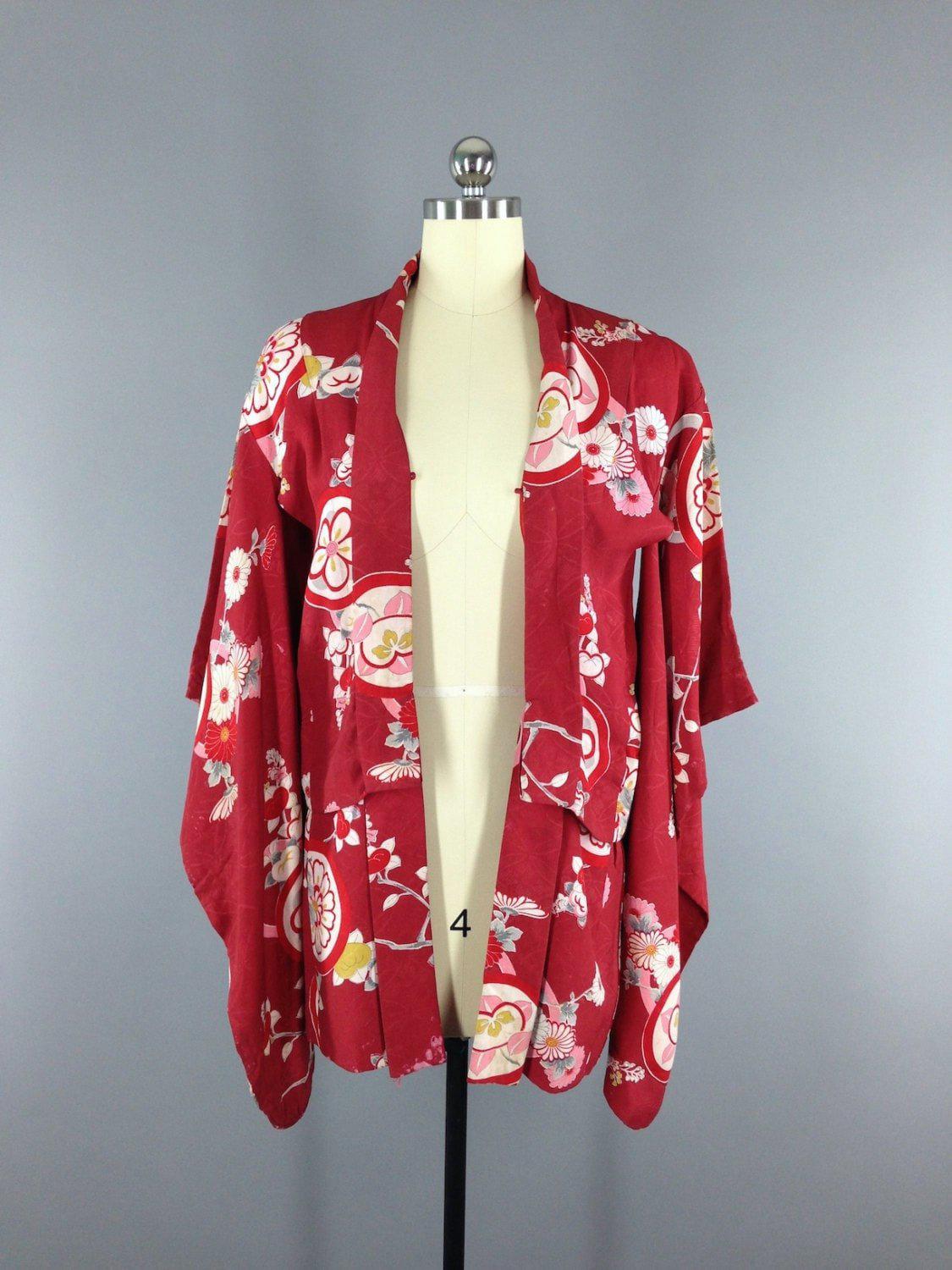 Vintage Silk Haori / Short Robe / Kimono COSTUME / 1930s Art Deco / Red Floral Print - ThisBlueBird
