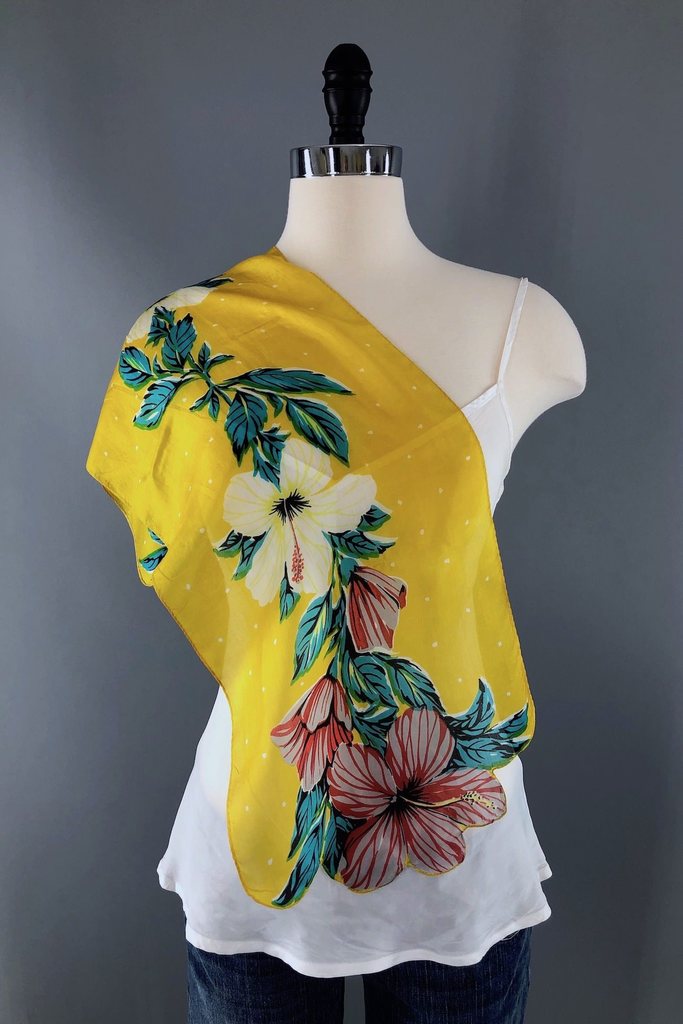 Vintage Silk Hibiscus Floral Print Scarf-ThisBlueBird - Modern Vintage