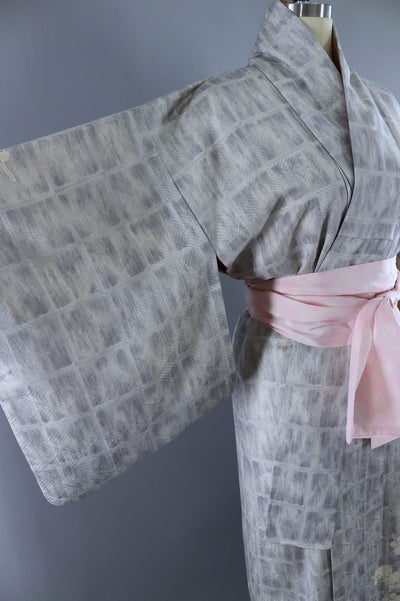 Vintage Silk Kimon Robe / Blue Grey Marbled Cherry Blossom - ThisBlueBird