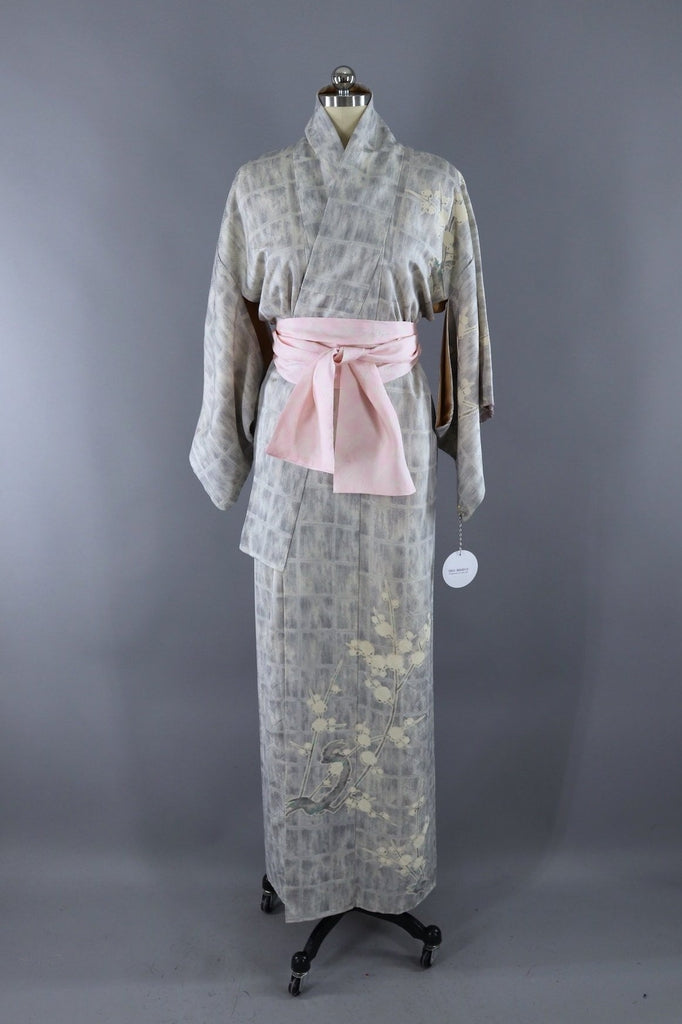Vintage Silk Kimon Robe / Blue Grey Marbled Cherry Blossom - ThisBlueBird