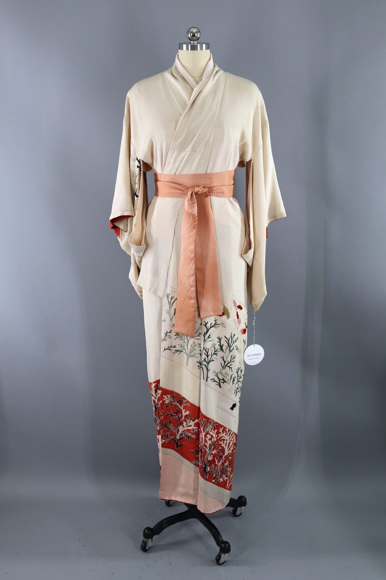 Vintage Silk Kimon Robe / Ivory Coral-ThisBlueBird - Modern Vintage