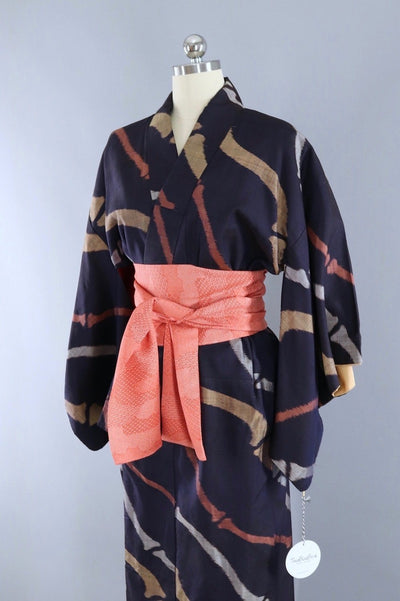 Vintage Silk Kimon Robe / Navy Blue Copper Gold Bamboo Stripes - ThisBlueBird