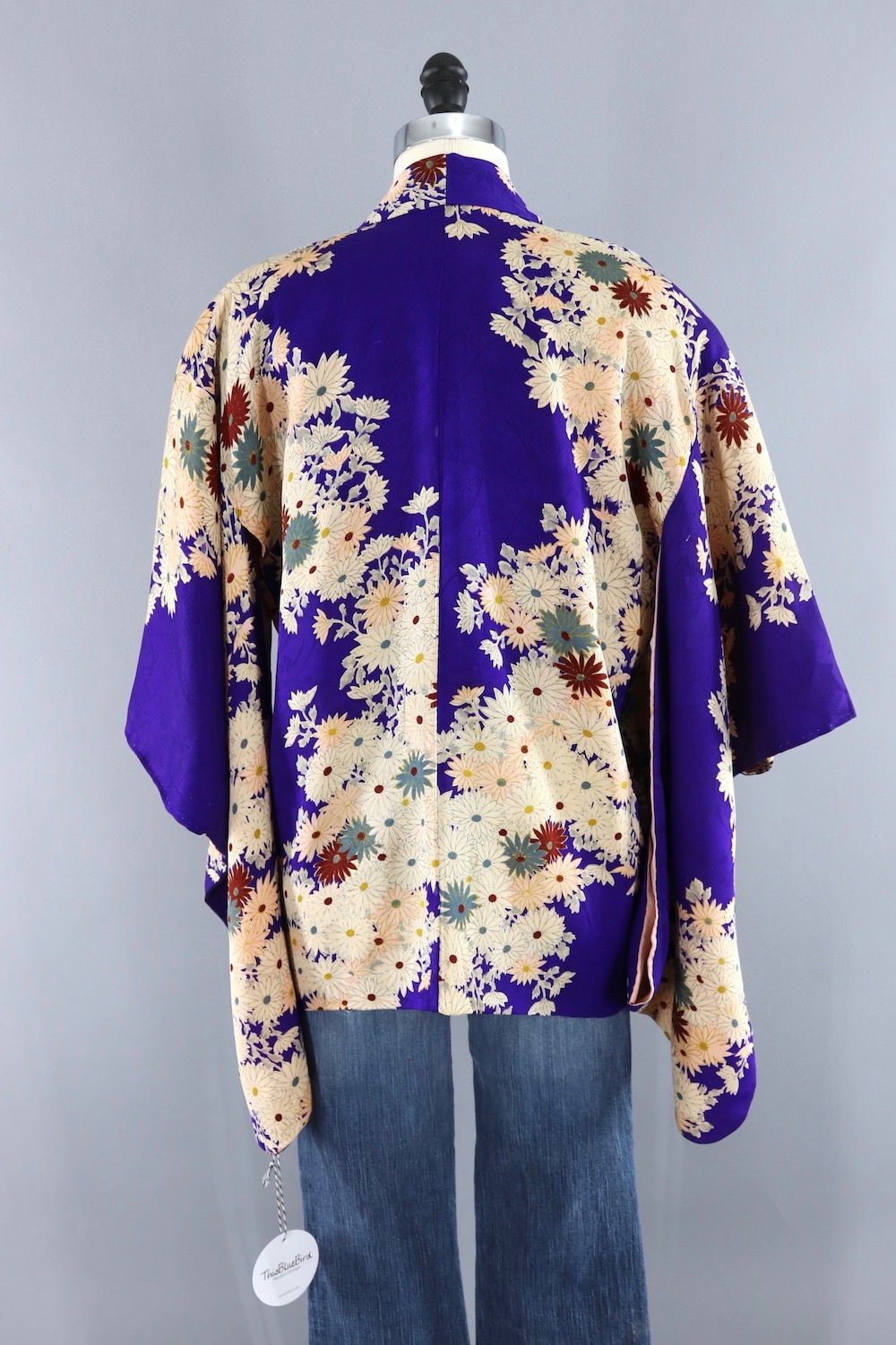 Vintage Silk Kimono Cardigan / Blue & Ivory Floral - ThisBlueBird