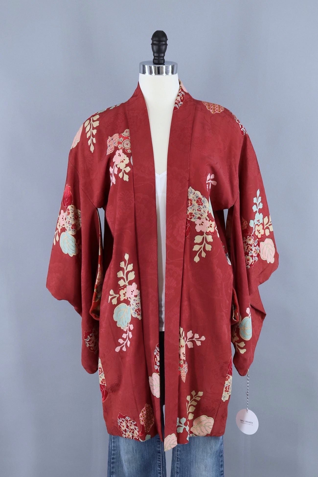 Vintage Silk Kimono Cardigan / Brick Red Floral Print - ThisBlueBird