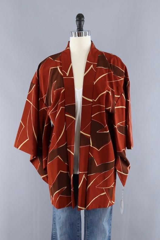 Vintage Silk Kimono Cardigan / Brown Abstract - ThisBlueBird
