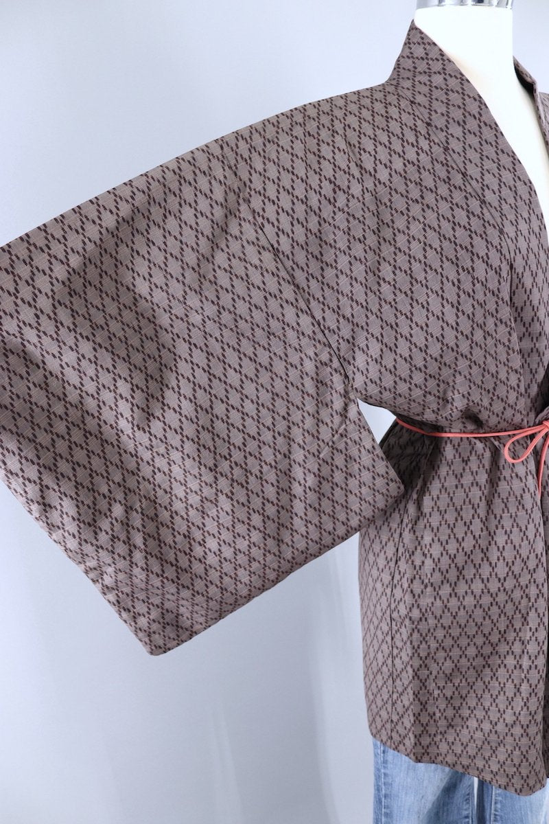 Vintage Silk Kimono Cardigan / Brown Ikat Diamonds - ThisBlueBird