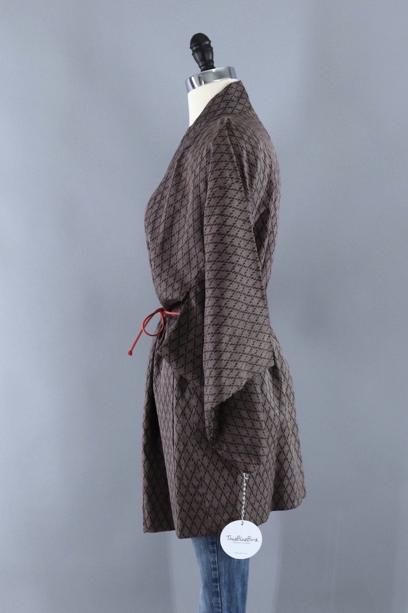 Vintage Silk Kimono Cardigan / Brown Ikat Diamonds - ThisBlueBird