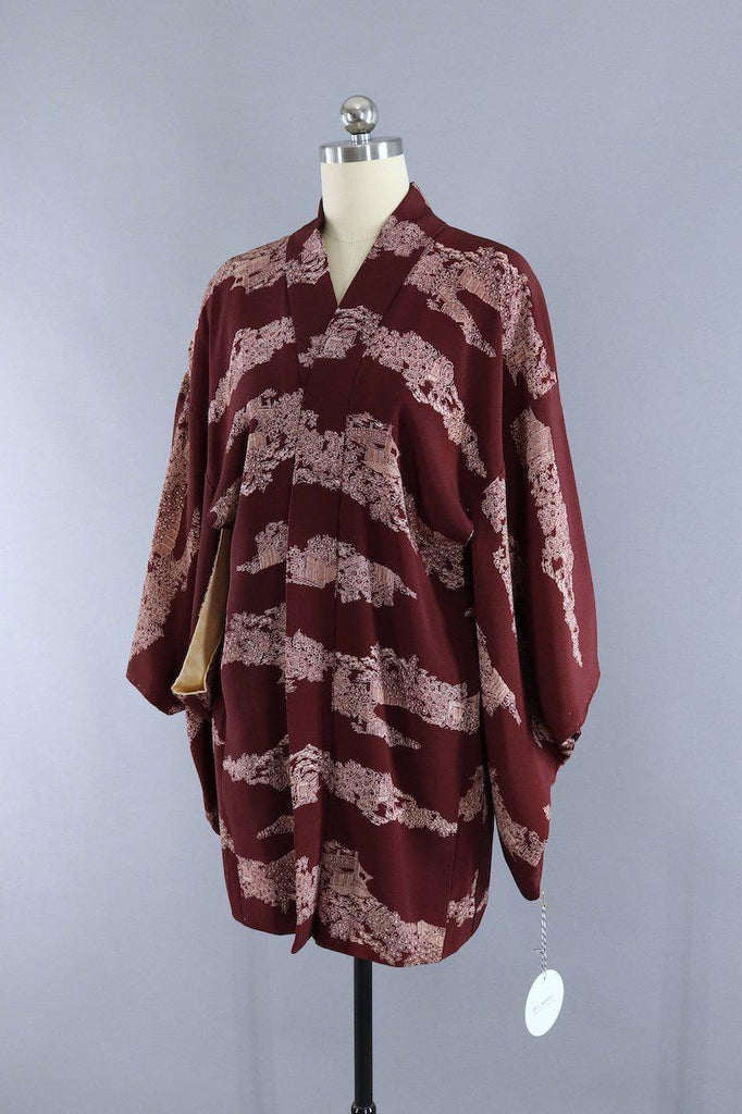 Vintage Silk Kimono Cardigan / Brown Village Scene Novelty Print - ThisBlueBird