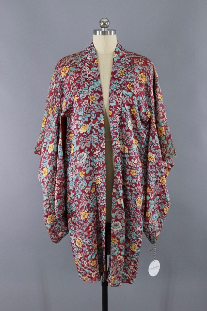 Vintage Silk Kimono Cardigan / Cranberry Red and Aqua Floral Print - ThisBlueBird
