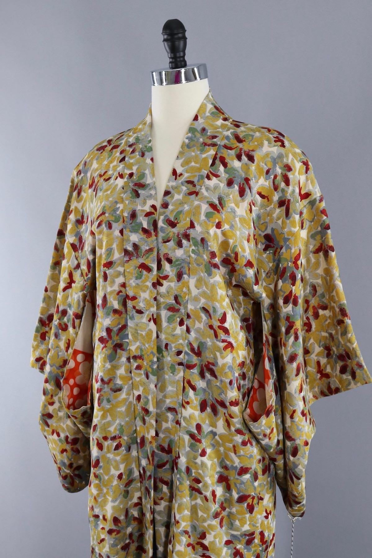 Vintage Silk Kimono Cardigan / Gold & Red Abstract Floral - ThisBlueBird