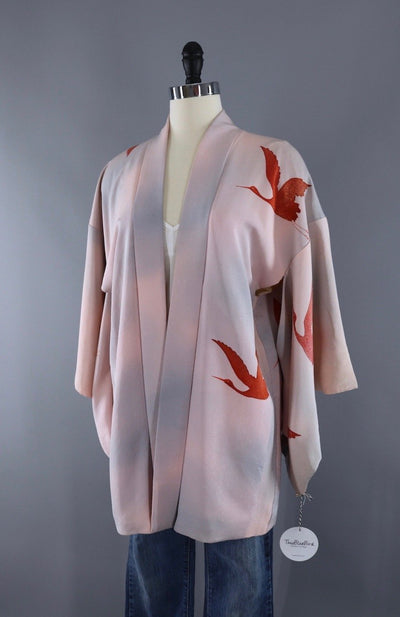 Vintage Silk Kimono Cardigan / Haori Jacket / Pale Pink Ombre Flying Cranes - ThisBlueBird