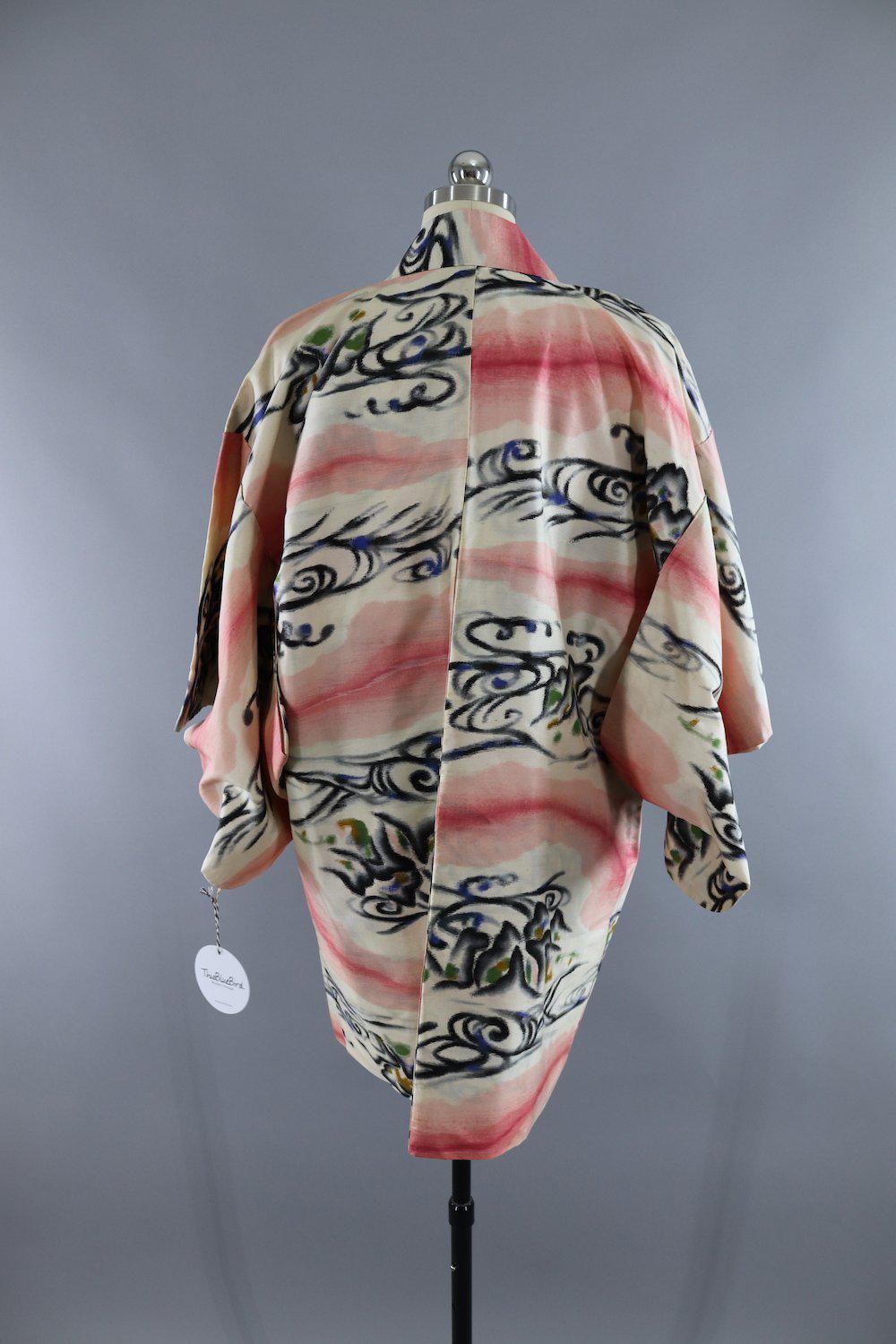 Vintage Silk Kimono Cardigan / Ikat Pink Waves - ThisBlueBird