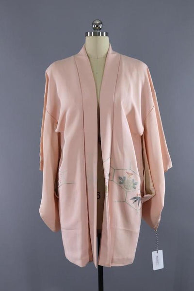 Vintage Silk Kimono Cardigan in Peach and Silver Embroidery - ThisBlueBird