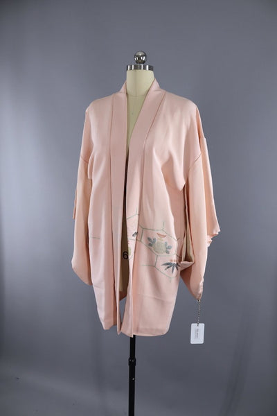 Vintage Silk Kimono Cardigan in Peach and Silver Embroidery - ThisBlueBird