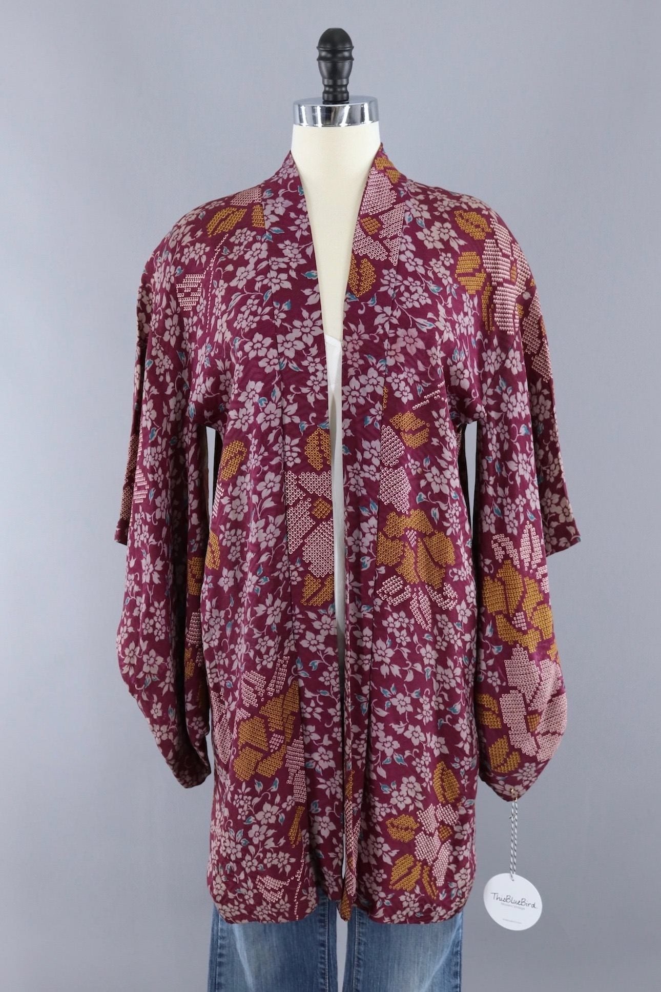 Vintage Silk Kimono Cardigan Jacket / Cranberry Red and Gold Floral - ThisBlueBird