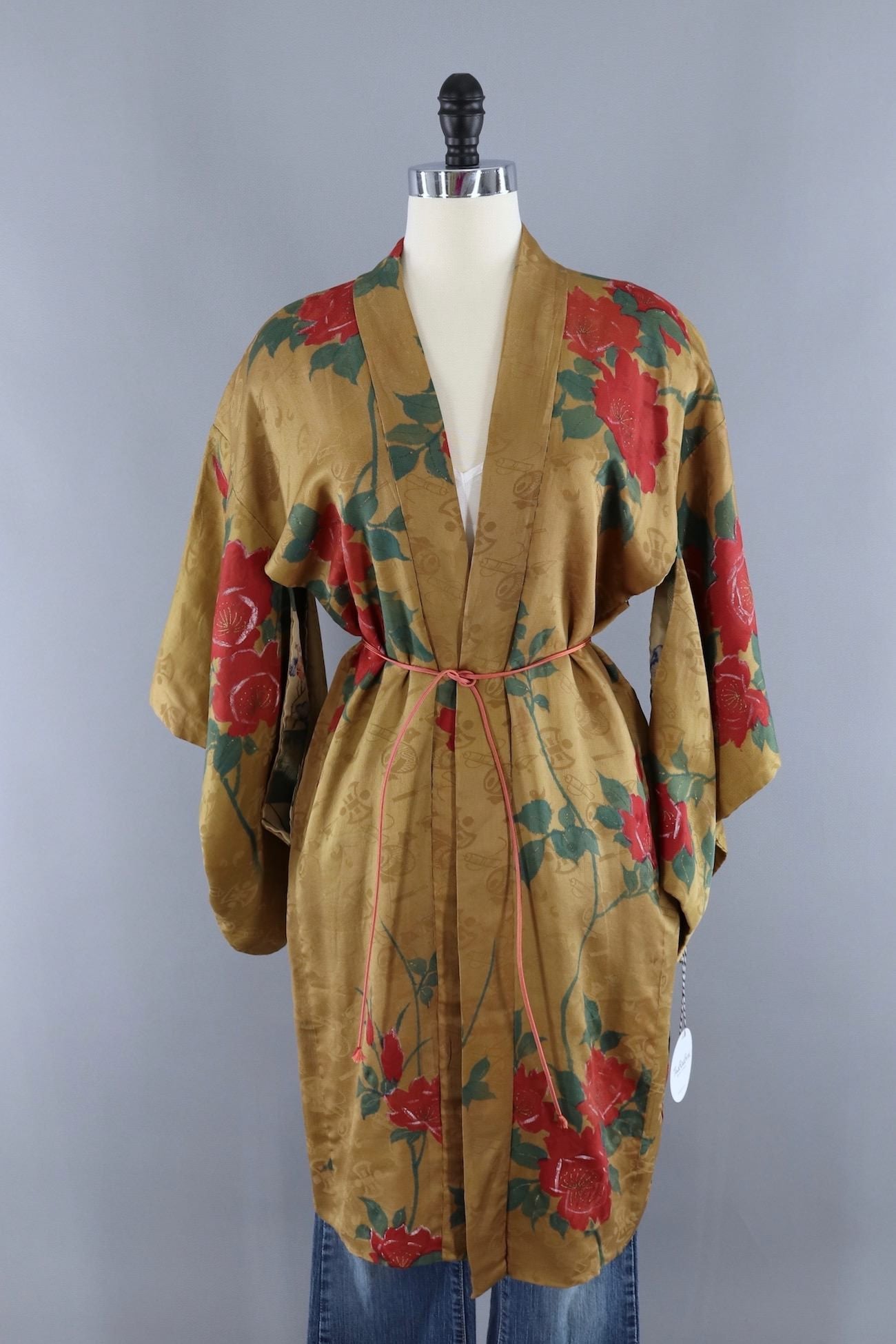 Vintage Silk Kimono Cardigan Jacket / Golden Mustard Rose Floral - ThisBlueBird