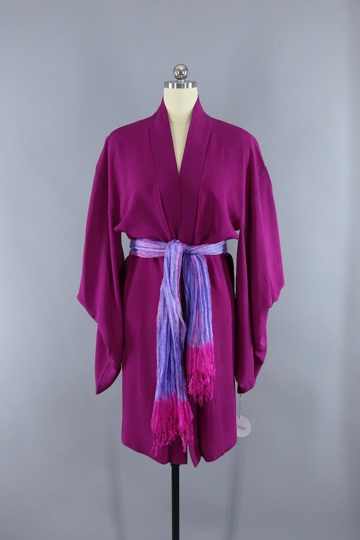 Vintage Silk Kimono Cardigan Jacket in Magenta Purple with Silk Sash - ThisBlueBird