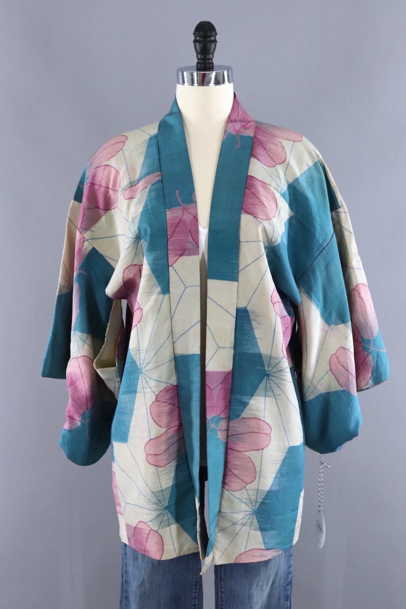 Vintage Silk Kimono Cardigan Jacket / Lavender and Aqua Floral - ThisBlueBird