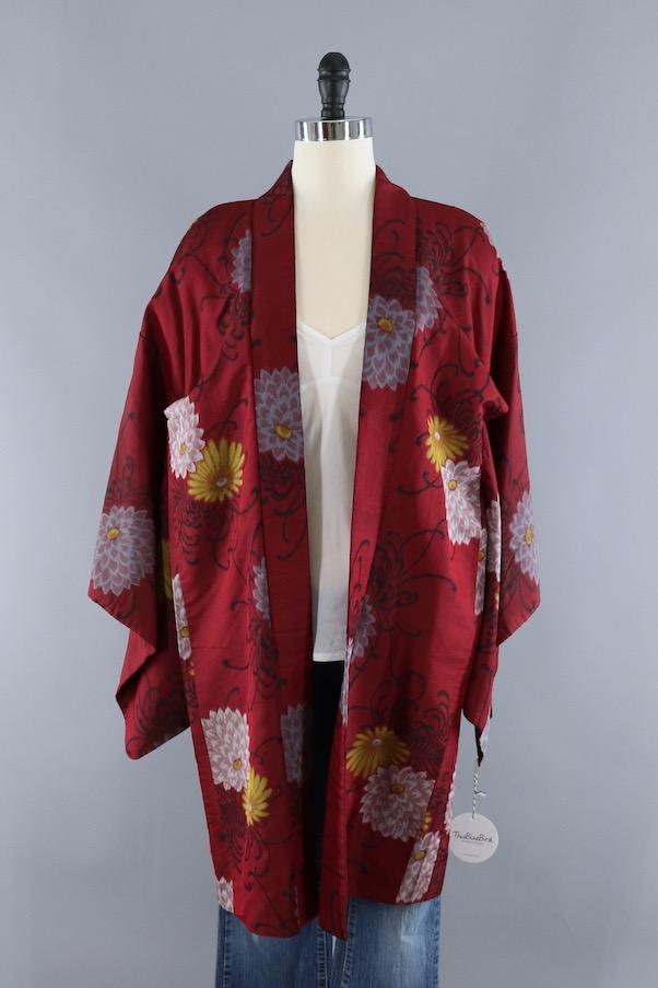 Vintage Silk Kimono Cardigan Jacket / Maroon Red Ikat Floral - ThisBlueBird