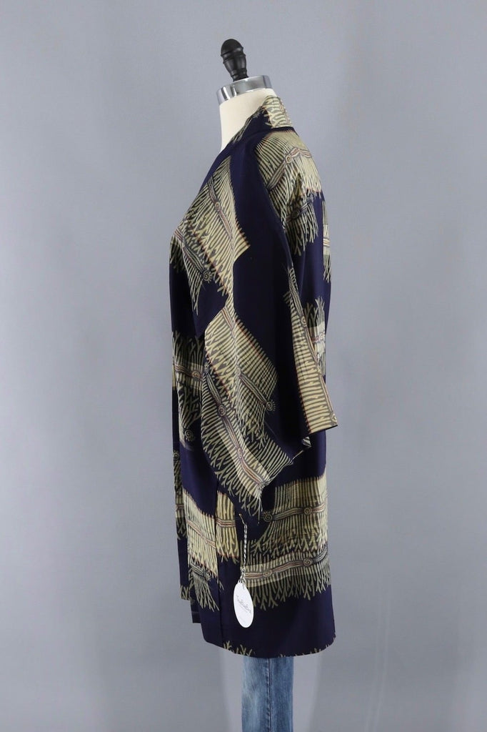 Vintage Silk Kimono Cardigan Jacket / Navy Blue and Tan - ThisBlueBird