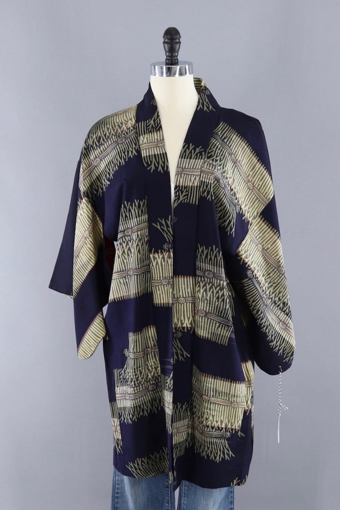 Vintage Silk Kimono Cardigan Jacket / Navy Blue and Tan - ThisBlueBird
