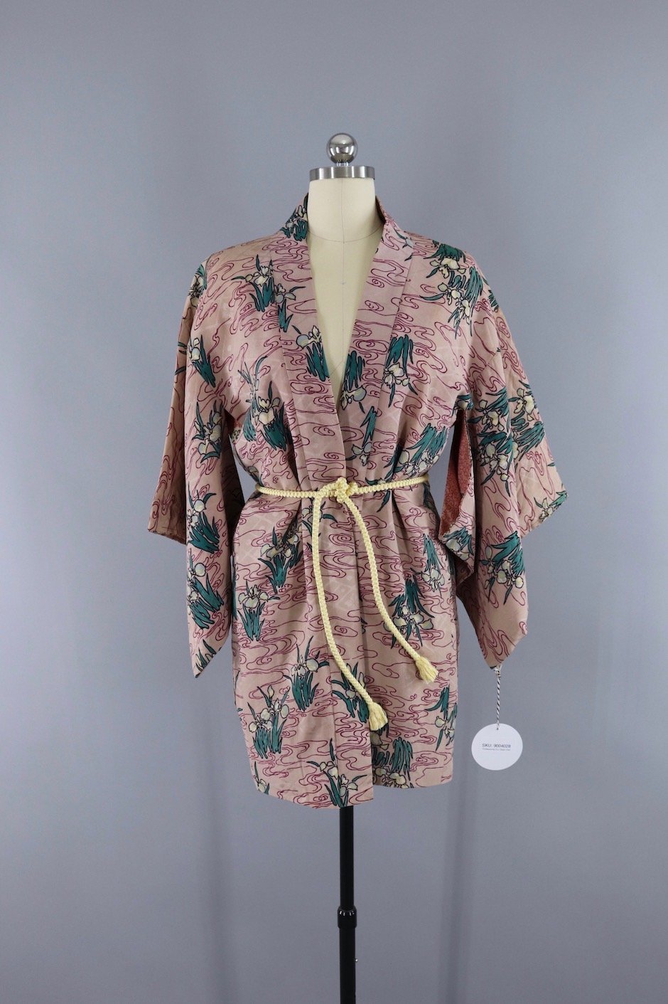 Vintage Silk Kimono Cardigan Jacket - Pink Iris Floral Print - ThisBlueBird