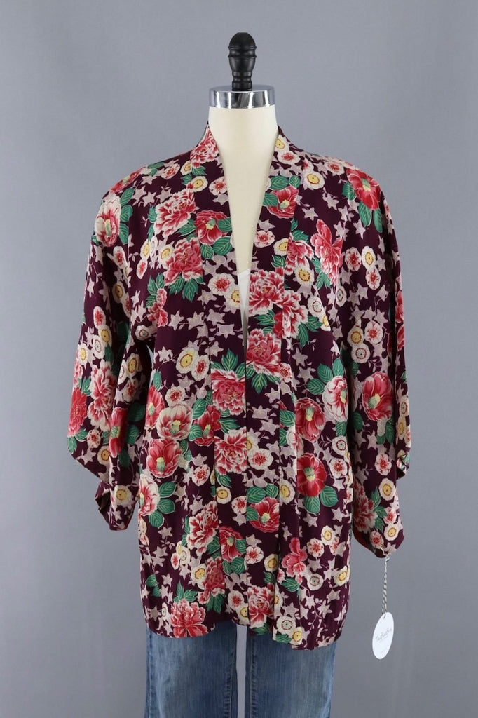 Vintage Silk Kimono Cardigan Jacket / Purple and Red Floral Print - ThisBlueBird