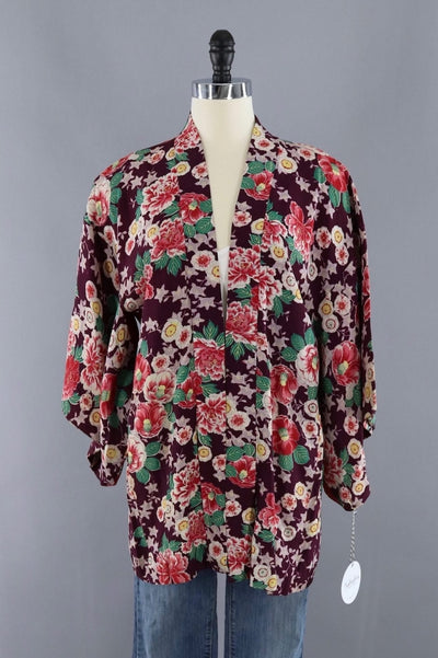 Vintage Silk Kimono Cardigan Jacket / Purple and Red Floral Print - ThisBlueBird